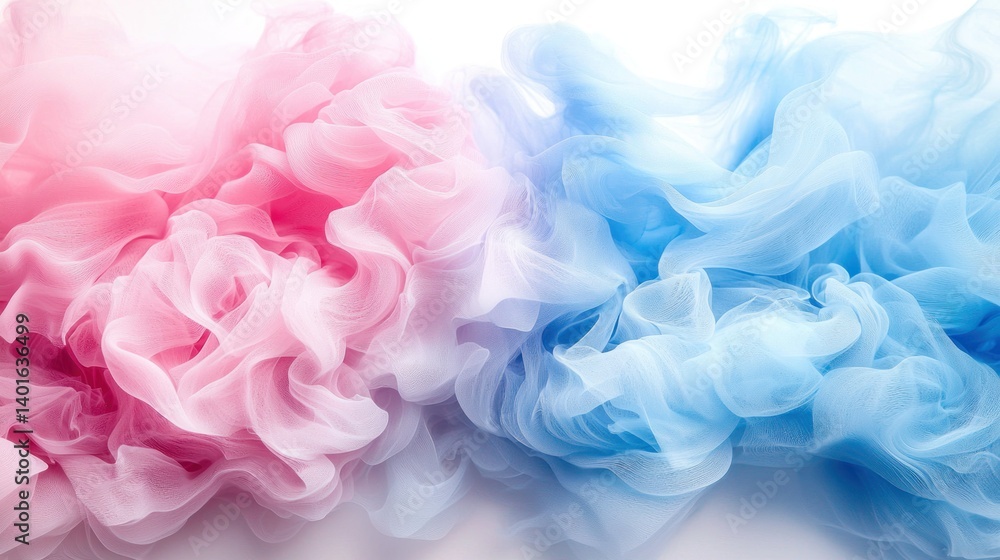 Fototapeta premium Pink and blue ink clouds blend softly on a white background