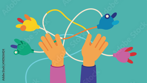 Hands and Earphones A closeup view of hands struggling to untangle a colorful bundle of earphones. The fingers are depicted in exaggerated positions pulling in different