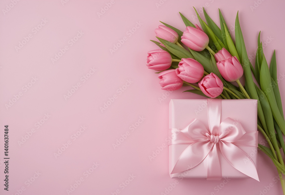 Fototapeta premium Creative floral concept. Pastel pink blooming bouquet of tulips flowers leaf flora with gift box of long swirl ribbon bow,A bouquet of pink tulips and a gift on a pink surface,Capture the essence .