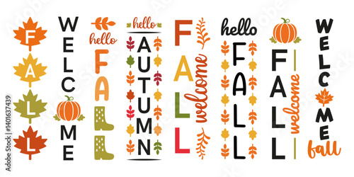 Set of fall vertical signs. Vector illustration for decoration porch sign, posters and other designs. Autumn welcoming design