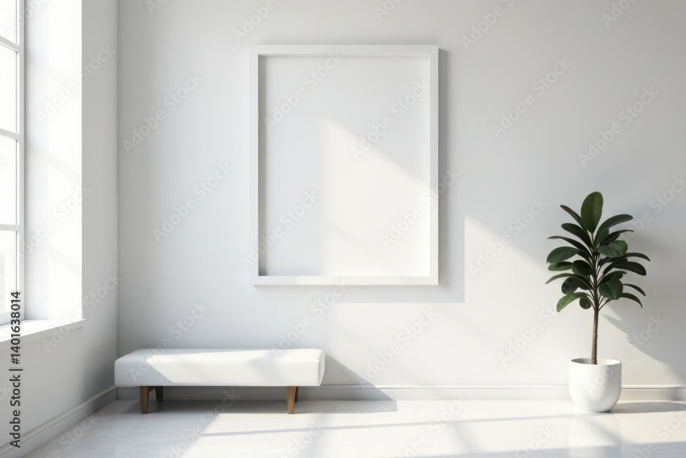 Minimalist Interior Design Mockup Sunlit Room with White Bench, Empty Frame, and Potted Plant Minimalist Interior Design Mockup Sunlit Room with White Bench, Empty Frame, and Potted Plant