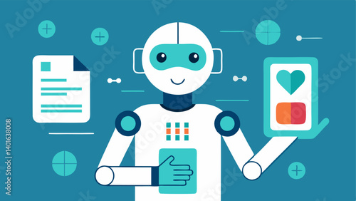 Robot with Health Analyzer A robot using a handheld device to perform a health analysis on a patient with infographics appearing in the background to illustrate results.