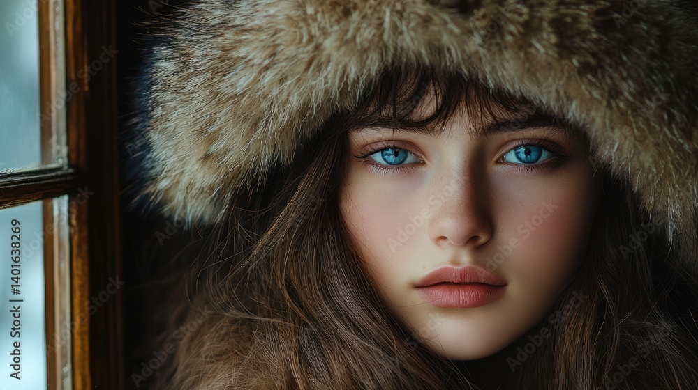 Striking portrait of a woman with piercing blue eyes and a warm, fur hat, framed by a window. Moody and captivating Striking portrait of a woman with piercing blue eyes and a warm, fur hat, framed by a window. Moody and captivating