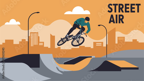 BMX Rider Jumping at a Street Skate Park with City Skyline and STREET AIR Text