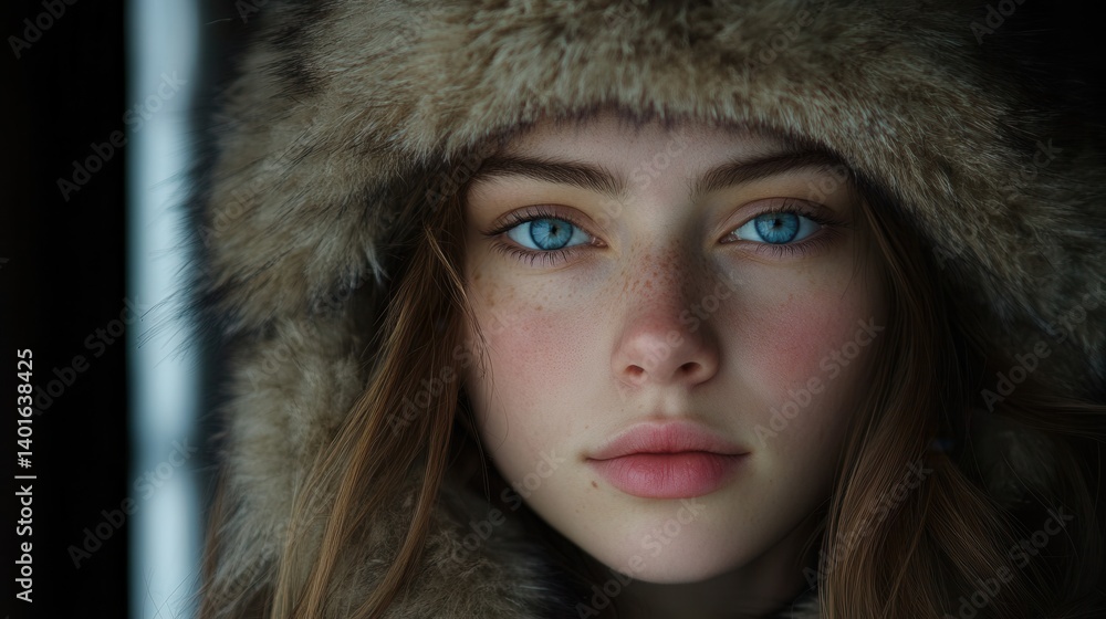 Striking portrait of a woman with piercing blue eyes and freckled skin, framed by a warm, furry hat. Dramatic lighting emphasizes her captivating gaze Striking portrait of a woman with piercing blue eyes and freckled skin, framed by a warm, furry hat. Dramatic lighting emphasizes her captivating gaze