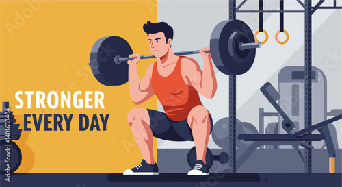 Man Doing Barbell Squats in a Gym with STRONGER EVERY DAY Text