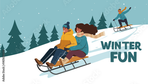Couple Sledding Down a Snowy Hill with WINTER FUN Text