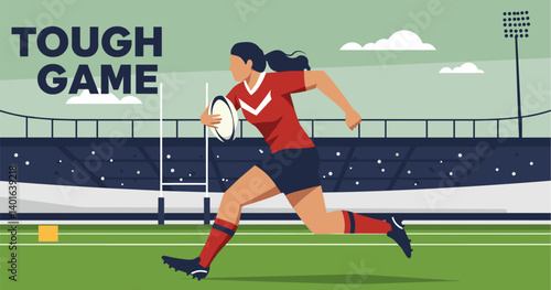 Female Rugby Player Running with the Ball on a Field with Goalposts, Stadium, and TOUGH GAME Text