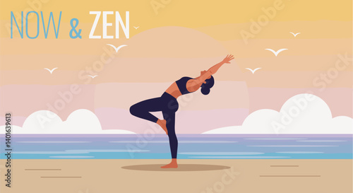 Woman Practicing Yoga in Tree Pose on a Beach at Sunset with NOW & ZEN Text