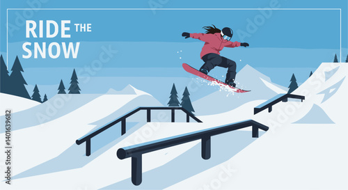 Female Snowboarder Jumping Over Rails at a Snow Park with RIDE THE SNOW Text