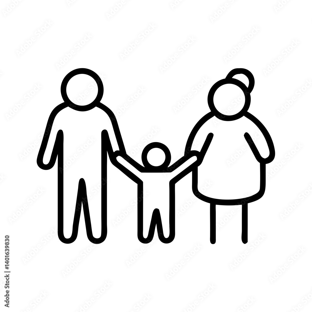 Minimalist black line icon of grandparents holding hands with child, symbol of family support, generations and care on white background Minimalist black line icon of grandparents holding hands with child, symbol of family support, generations and care on white background