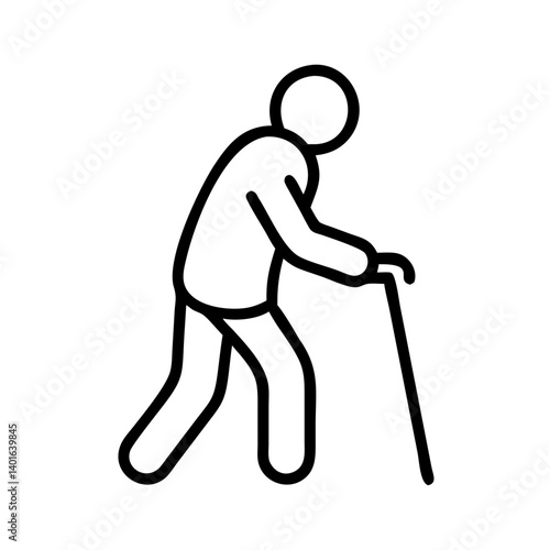 Minimalist black line icon of elderly person walking with cane, symbol of aging, mobility support, care and senior independence on white background
