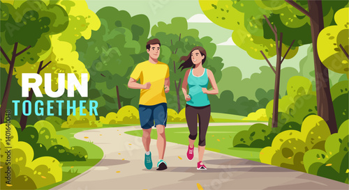 Two Women Running in a Park with Colorful Trees and RUN AND BE HAPPY Text