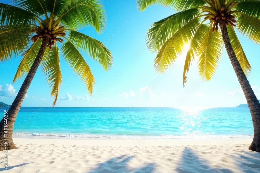 Fototapeta premium Idyllic tropical beach scene with palm trees framing a vibrant ocean and soft white sand