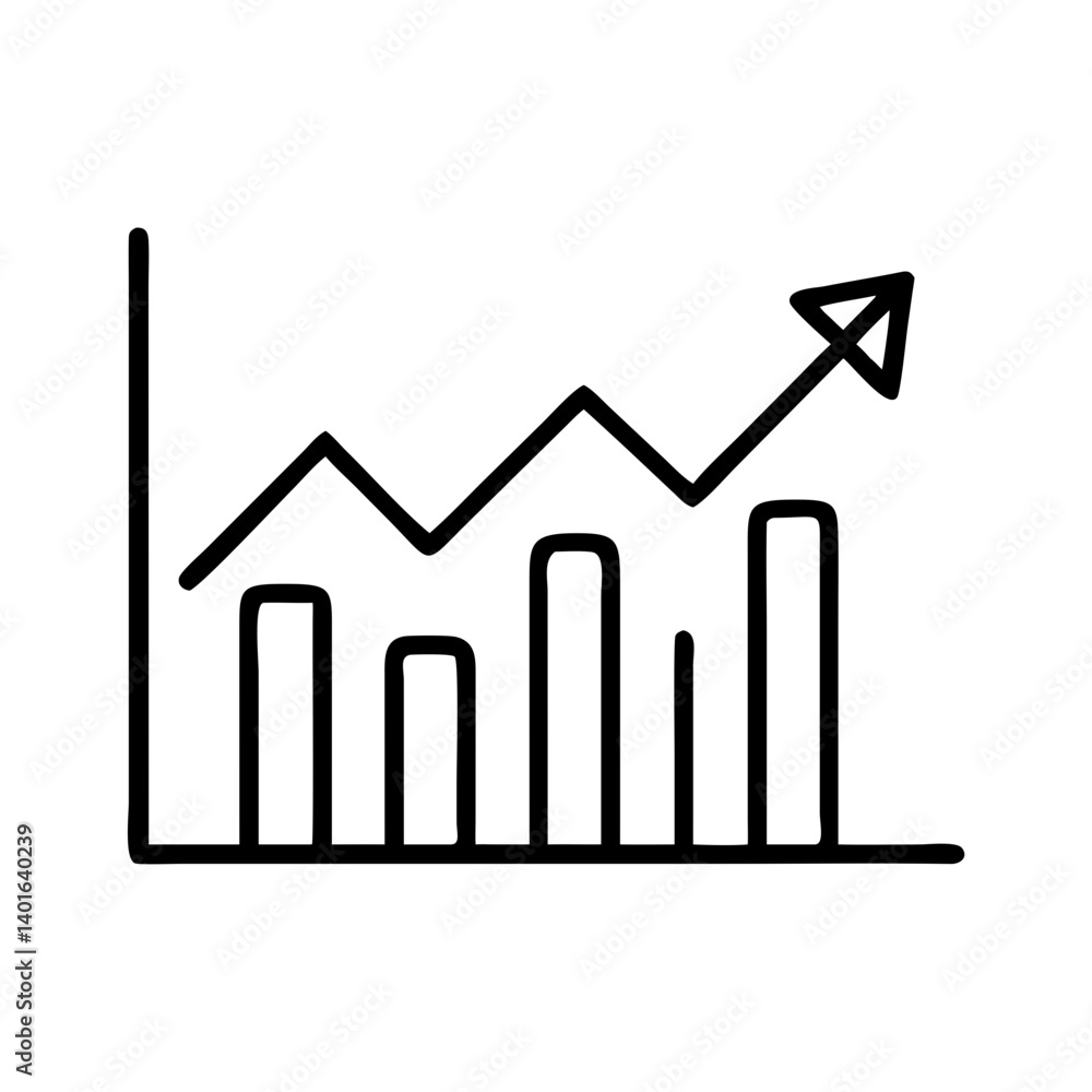 Minimalist black line chart with bars and arrow pointing up, hand-drawn style on white background, symbol of growth and progress Minimalist black line chart with bars and arrow pointing up, hand-drawn style on white background, symbol of growth and progress