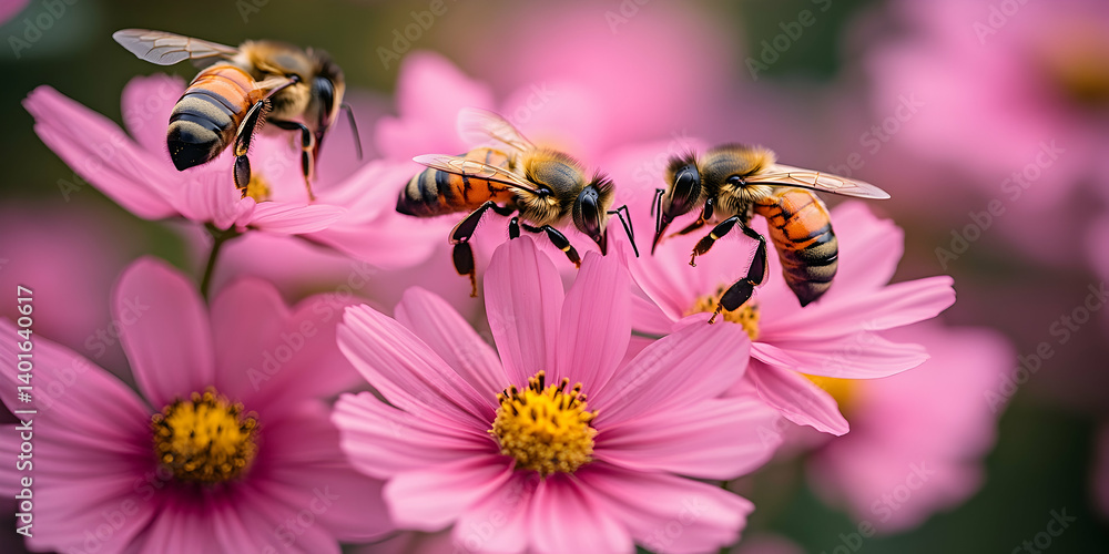 Three bees rest atop bright pink cosmos flowers collecting nectar in a floral meadow Three bees rest atop bright pink cosmos flowers collecting nectar in a floral meadow