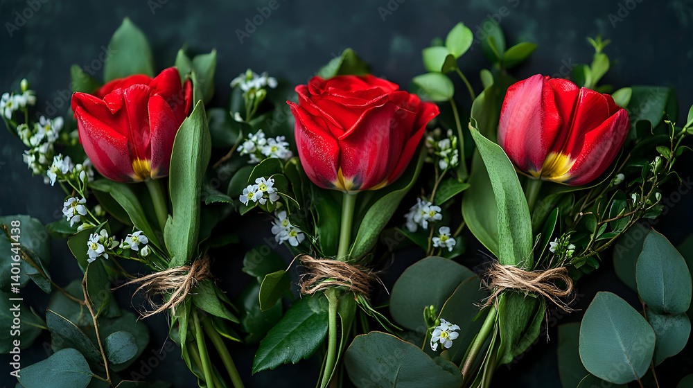 Three red tulips are arranged with green leaves and small white flowers tied with natural string Three red tulips are arranged with green leaves and small white flowers tied with natural string