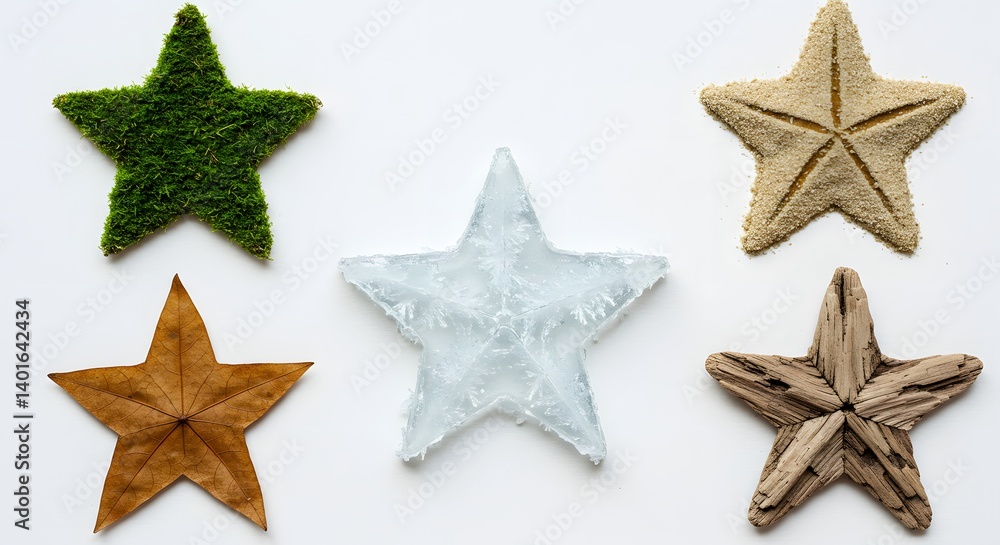 Set of stars in moss, wood, and crystal styles on white background Set of stars in moss, wood, and crystal styles on white background
