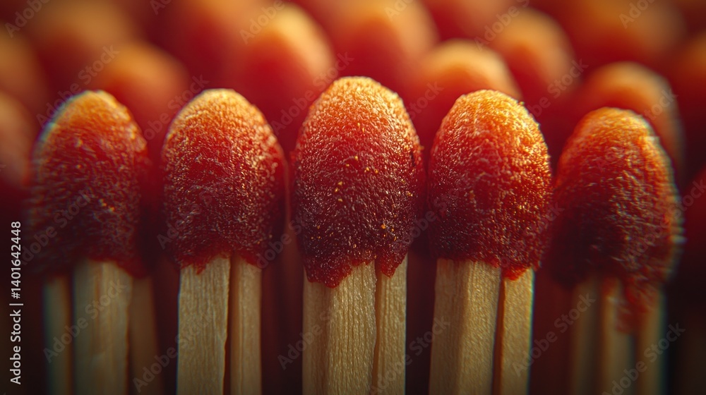 Row of matchsticks with vibrant, orange heads in a close-up view Row of matchsticks with vibrant, orange heads in a close-up view