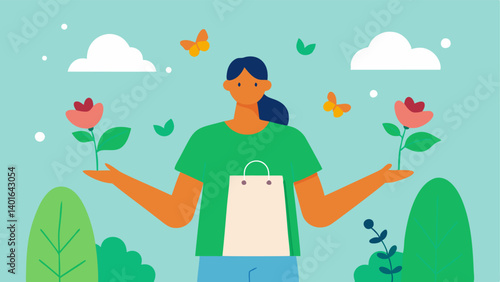 Natures Embrace A shopper surrounded by nature holding biodegradable bags with butterflies and flowers highlighting ecofriendliness.