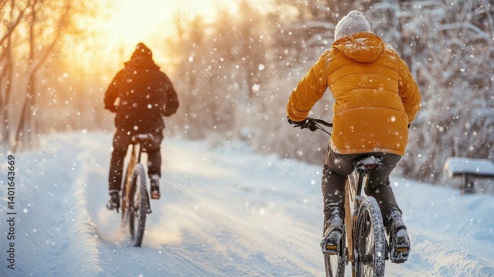 With snowflakes falling gently around them, two cyclists enjoy a serene ride through a snow-covered forest as the sun sets behind the trees, radiating golden tones.
