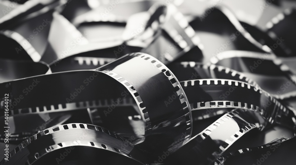 Retro black and white film strip with scattered frames reflecting nostalgic photography theme from the past