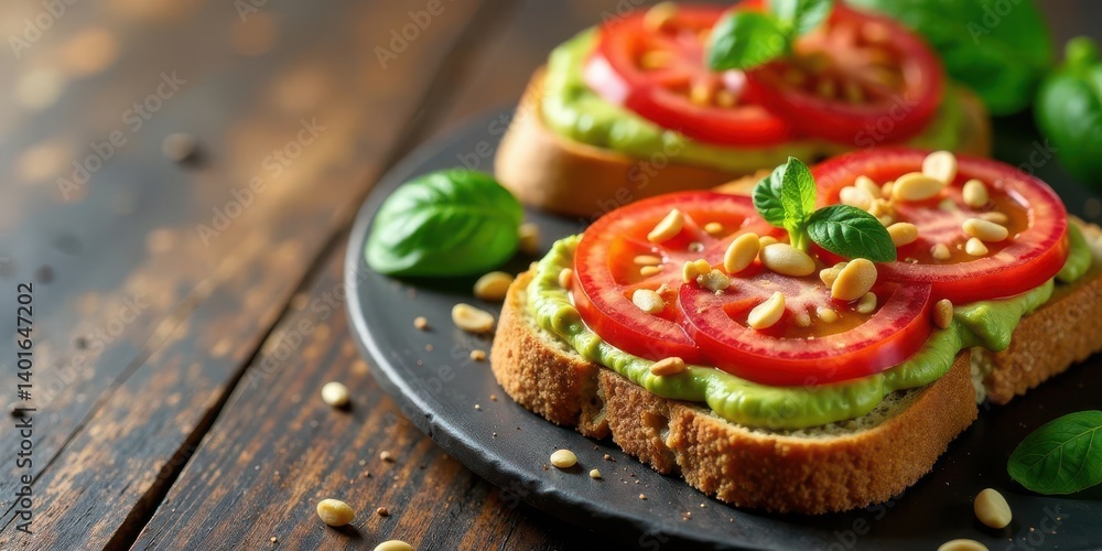 Delicious avocado toast topped with ripe tomato slices and crunchy peanuts, garnished with fresh basil leaves on a dark rustic wooden surface. Delicious avocado toast topped with ripe tomato slices and crunchy peanuts, garnished with fresh basil leaves on a dark rustic wooden surface.