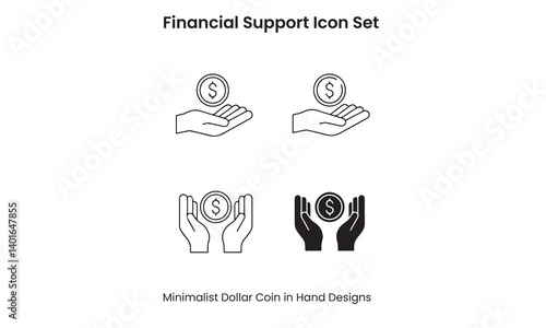 Financial Support Icon Set – Minimalist Dollar Coin in Hand Vector Illustration