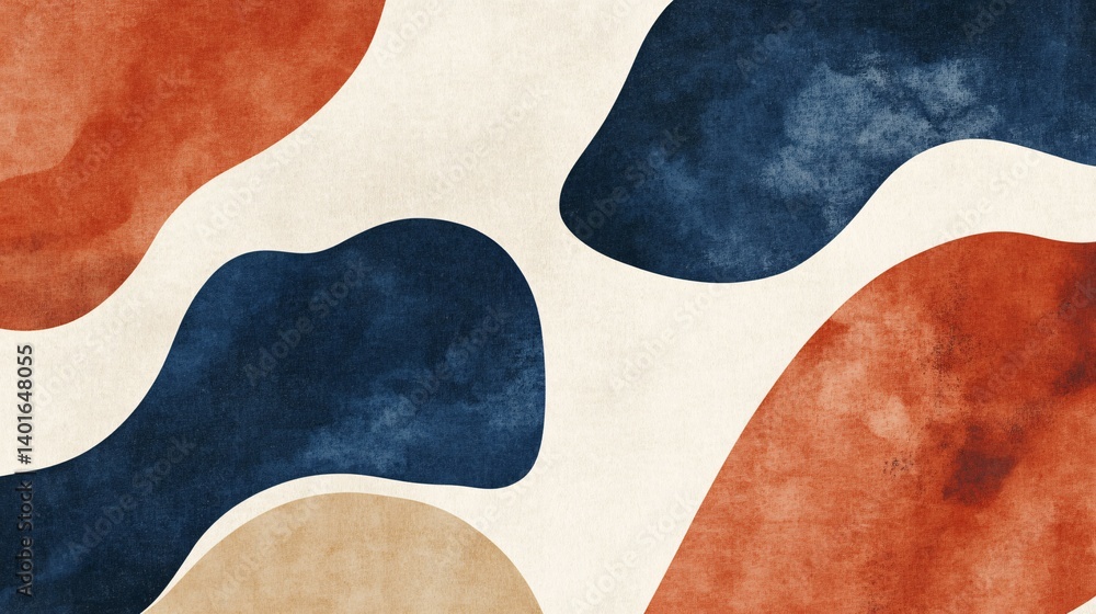 Abstract art with organic shapes in blue orange and beige against a white background. Abstract art with organic shapes in blue orange and beige against a white background.