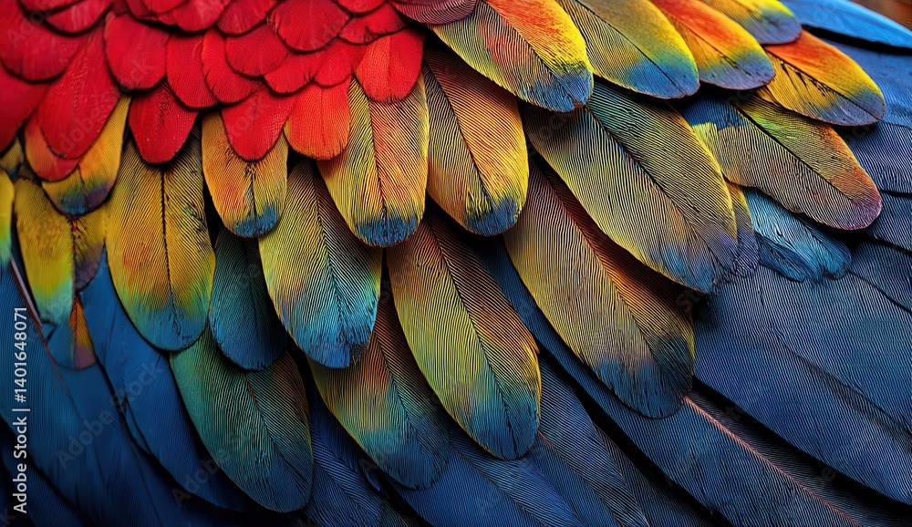 Obraz premium Close-up of colorful macaw feathers in vibrant red, blue, and yellow.