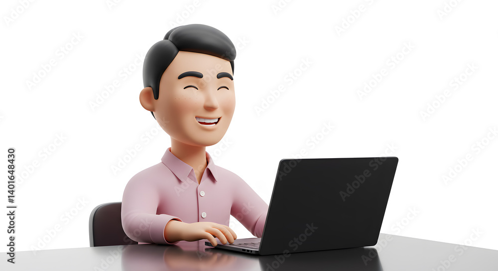 Animated character enjoying work on a laptop with a positive attitude and happy expression, isolated on a white background Animated character enjoying work on a laptop with a positive attitude and happy expression, isolated on a white background