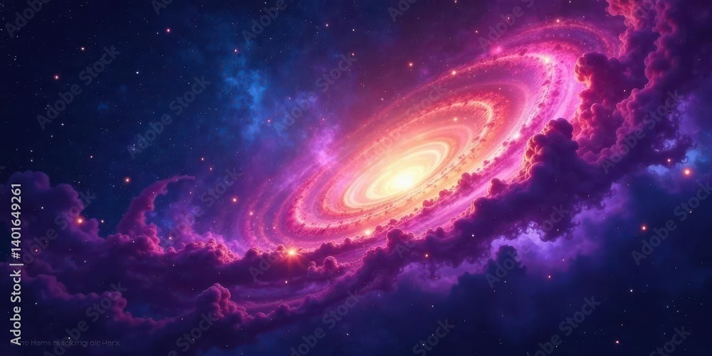 Cosmic Nebula A Vivid Swirl of Pink and Purple Celestial Clouds Encircling a Bright Galactic Core, Illuminated by Distant Stars and Interstellar Dust Cosmic Nebula A Vivid Swirl of Pink and Purple Celestial Clouds Encircling a Bright Galactic Core, Illuminated by Distant Stars and Interstellar Dust