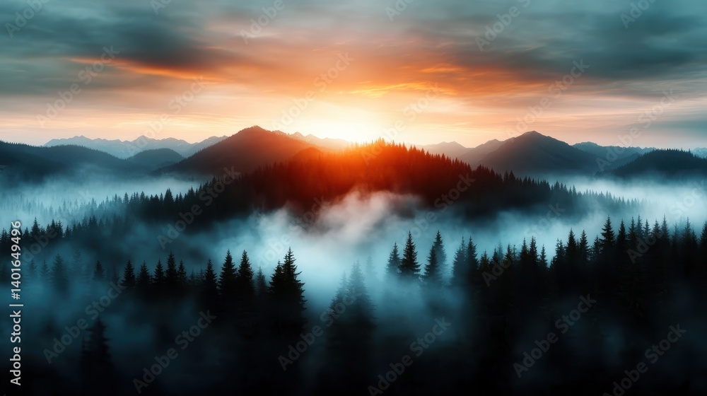 A breathtaking view of a fog-covered forest at dusk, with majestic mountains rising in the distance, evoking a sense of adventure and serenity in the twilight atmosphere.