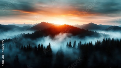Obraz na płótnie A breathtaking view of a fog-covered forest at dusk, with majestic mountains rising in the distance, evoking a sense of adventure and serenity in the twilight atmosphere. w salonie