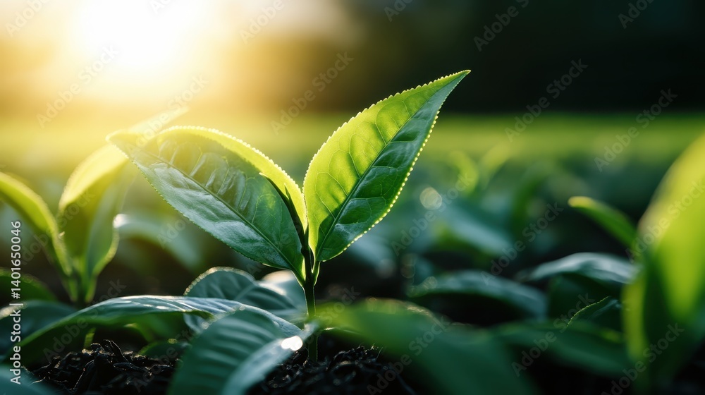 A breathtaking view of lush green tea leaves glistening in natural light, capturing the essence of vitality and the beauty of nature's bounty and abundance.