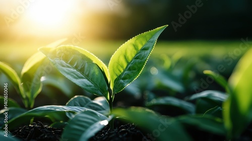 Obraz na płótnie A breathtaking view of lush green tea leaves glistening in natural light, capturing the essence of vitality and the beauty of nature's bounty and abundance. w salonie