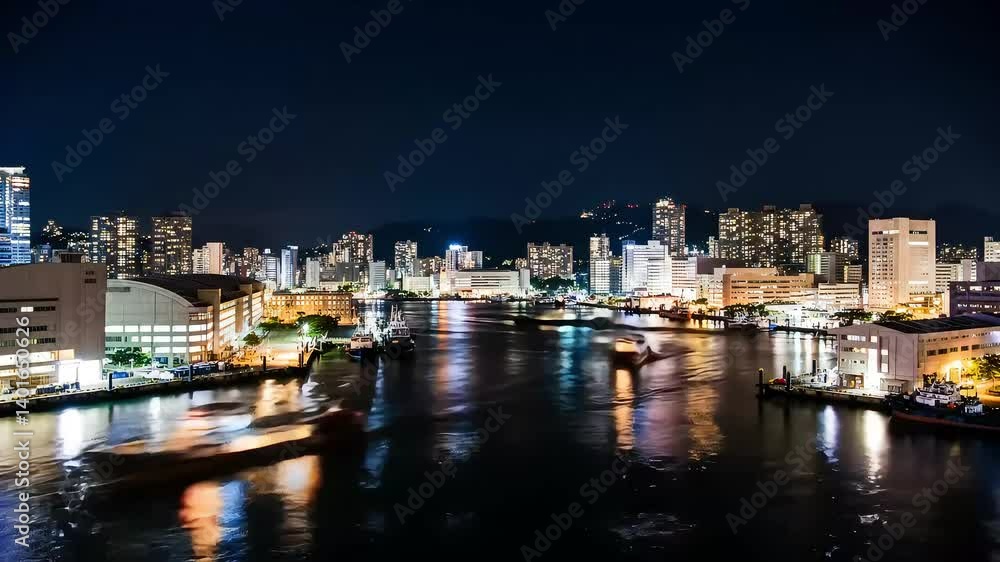 Stunning Nighttime Aerial Views of Urban Cityscape Along Tranquil River with Bright City Lights Reflected on Water Surface Stunning Nighttime Aerial Views of Urban Cityscape Along Tranquil River with Bright City Lights Reflected on Water Surface