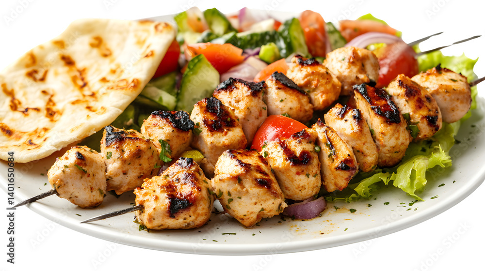 Delicious Chicken Kebabs Served with Flatbread and Greek Salad - Mediterranean Cuisine Concept Delicious Chicken Kebabs Served with Flatbread and Greek Salad - Mediterranean Cuisine Concept