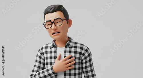 3D character clutching chest portraying cardiac discomfort and distress, possibly indicating heart ailment or physical unease