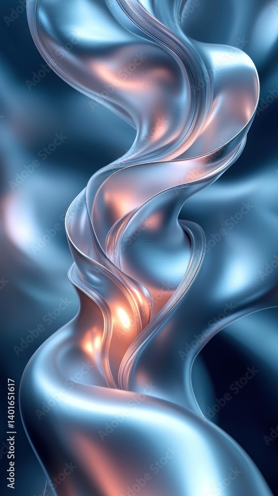 Naklejka premium Swirling, glossy, luminous form. Silver, blue and orange hues. Abstract design