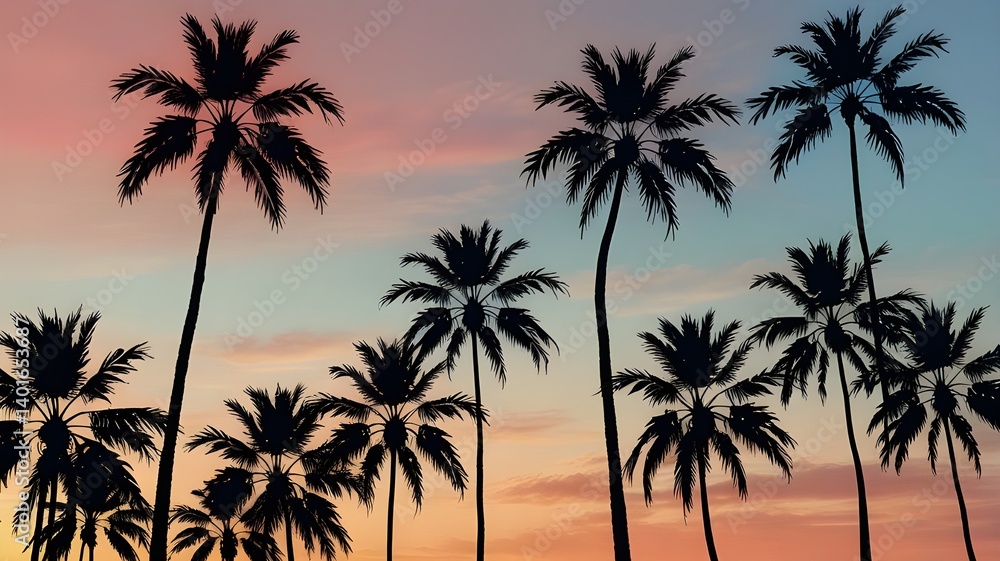 Line of palm tree silhouettes forming a natural border with a pastel blue and coral sky Line of palm tree silhouettes forming a natural border with a pastel blue and coral sky