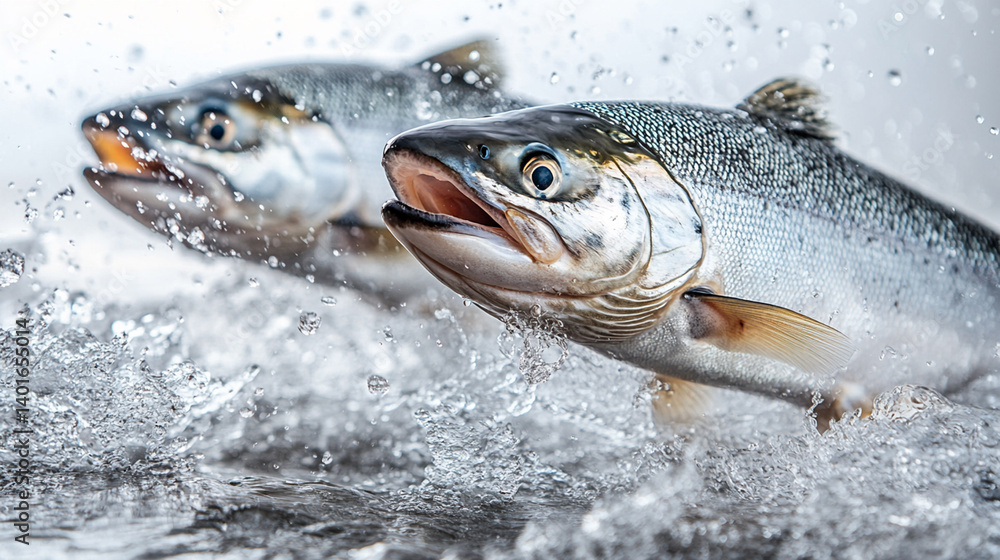 Two salmon jumping out of water, splashing. Two salmon jumping out of water, splashing.