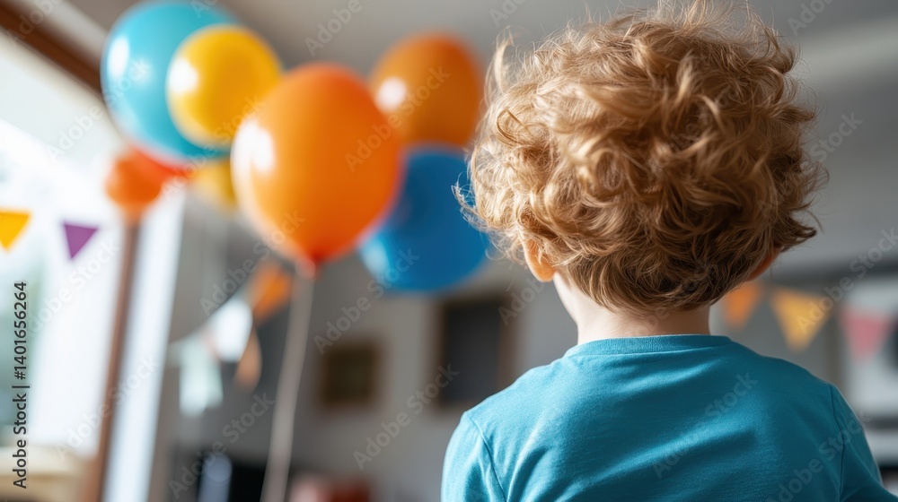 This image depicts a young child gazing at colorful balloons during a cheerful celebration, symbolizing innocence and the joy of childhood in a lively atmosphere.