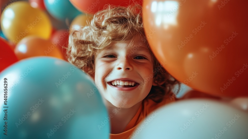 A playful young boy beams with joy, framed by an assortment of colorful balloons, capturing the essence of childhood wonder and the joy of celebration.