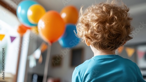Obraz na płótnie This image depicts a young child gazing at colorful balloons during a cheerful celebration, symbolizing innocence and the joy of childhood in a lively atmosphere. w salonie