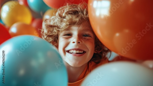 Obraz na płótnie A playful young boy beams with joy, framed by an assortment of colorful balloons, capturing the essence of childhood wonder and the joy of celebration. w salonie