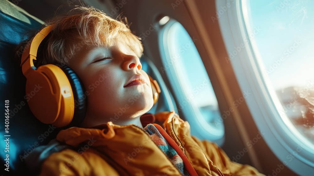 A young boy wearing headphones blissfully enjoys music during a flight, capturing the essence of travel and childhood joy in a serene window seat atmosphere.