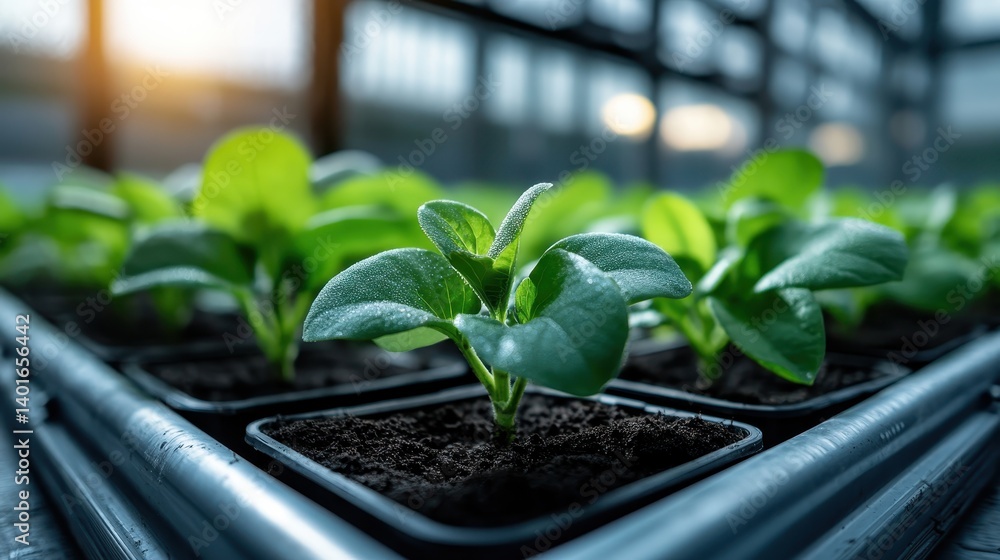 A close-up view of fresh seedlings in pots symbolizes growth and renewal, showcasing a nurturing greenhouse environment, perfect for cultivating a sustainable future.