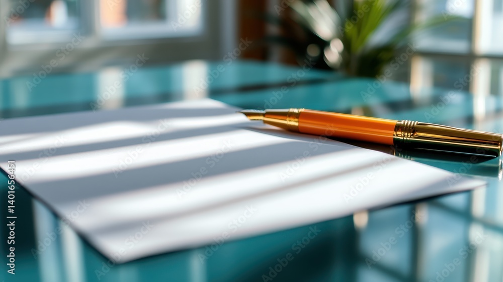 A blank piece of paper and a golden pen on a glass table, bathed in natural light, evoke a sense of inspiration and creativity, inviting the viewer to begin a new journey.
