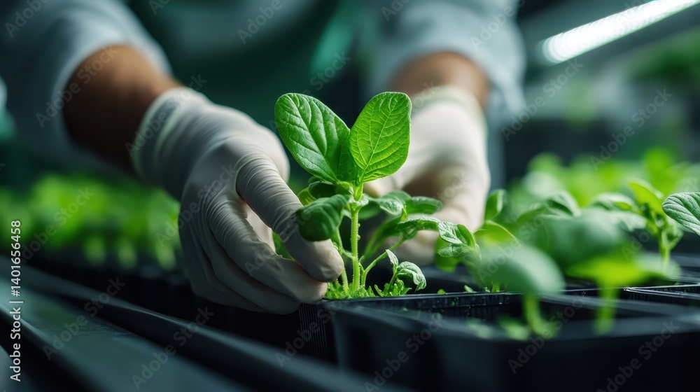 A focused gardener gently handling a young seedling in a greenhouse, illustrating the intimate connection between humans and nature in nurturing plants for future growth and abundance.